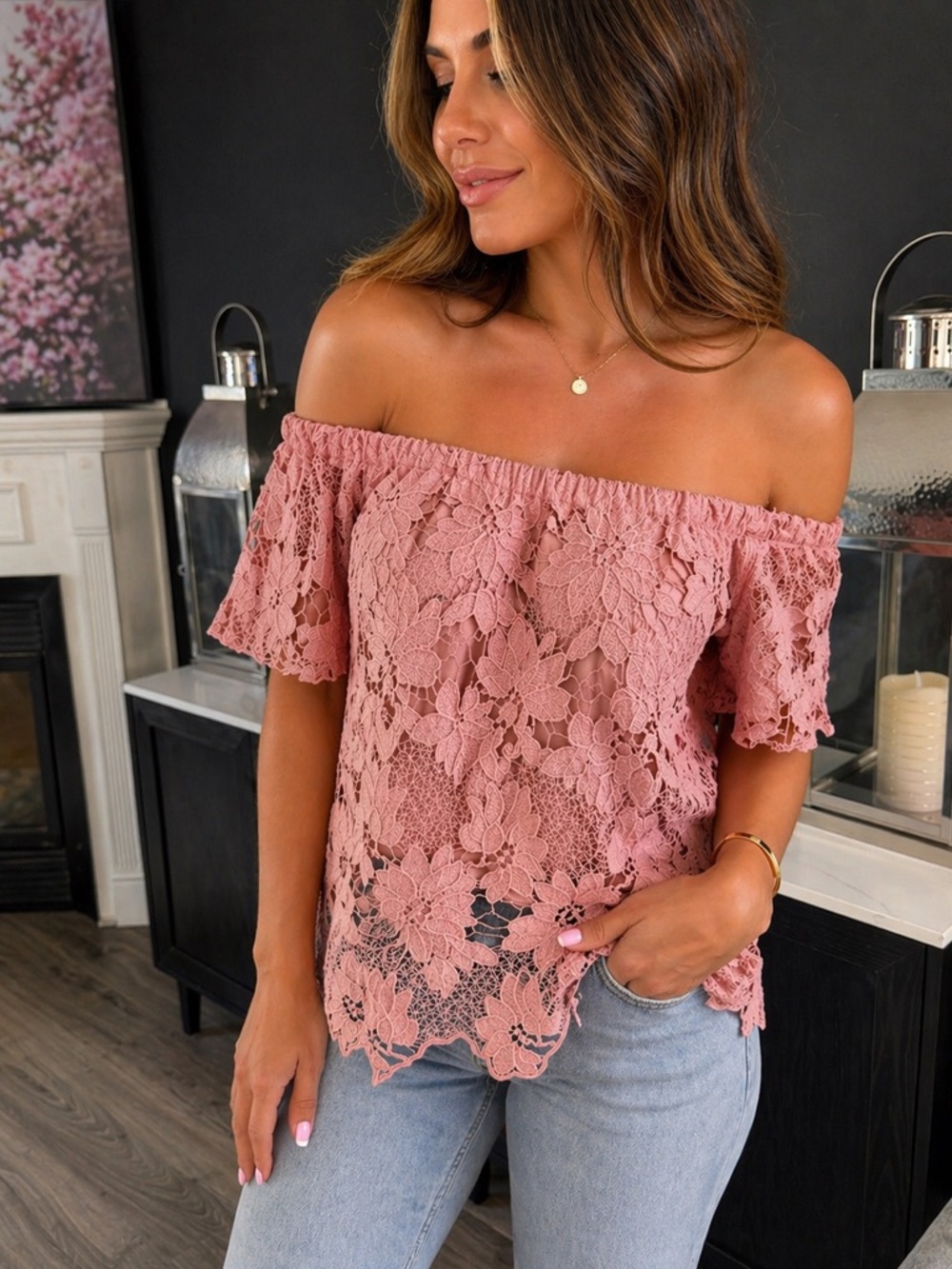 Kendall & Kylie Off Shoulder Lace Blouse Pink Floral Scallop Hem Size M